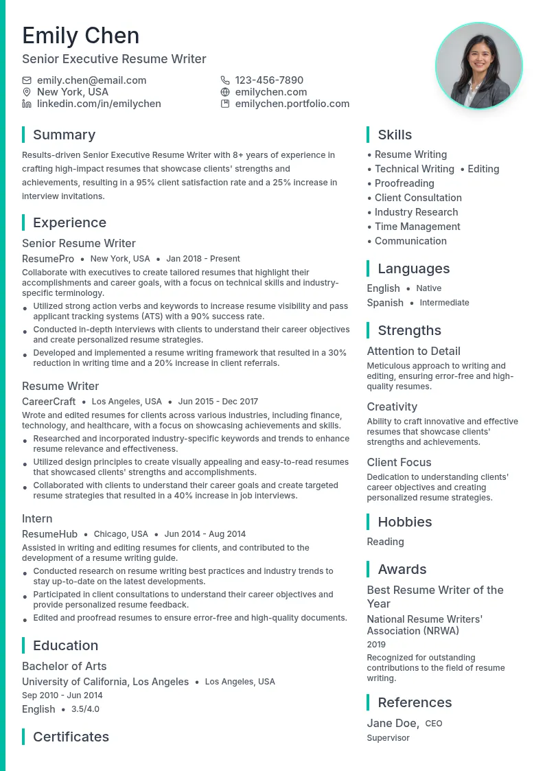 Senior Executive Resume Writer resume example