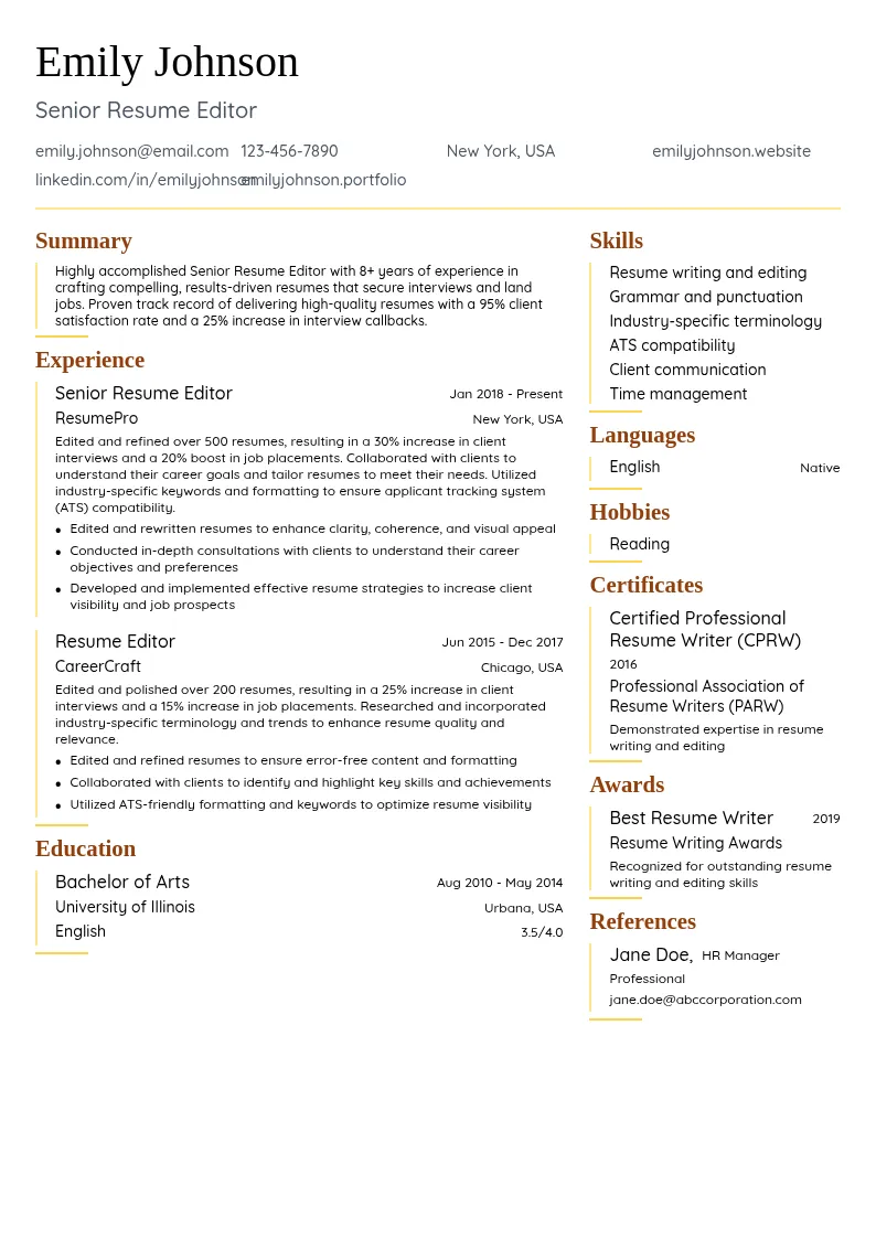 Senior Resume Editor resume example