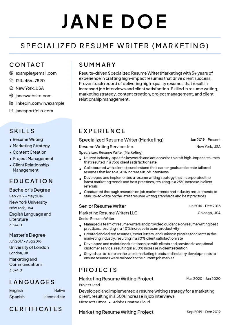 Specialized Resume Writer (Marketing) resume example