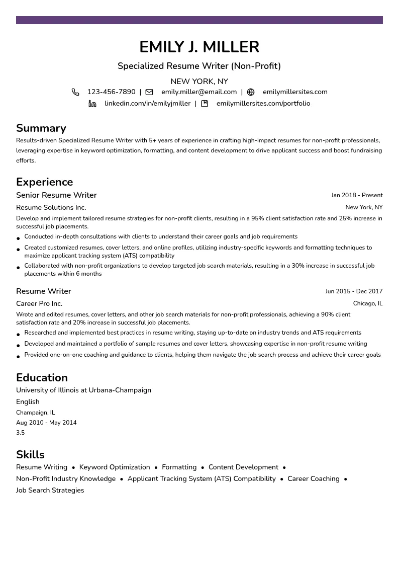Specialized Resume Writer (Non-Profit) resume example