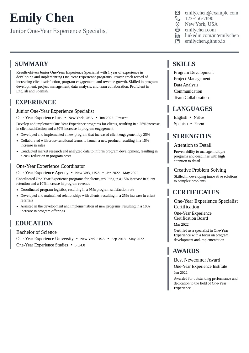 Junior One-Year Experience Specialist resume example