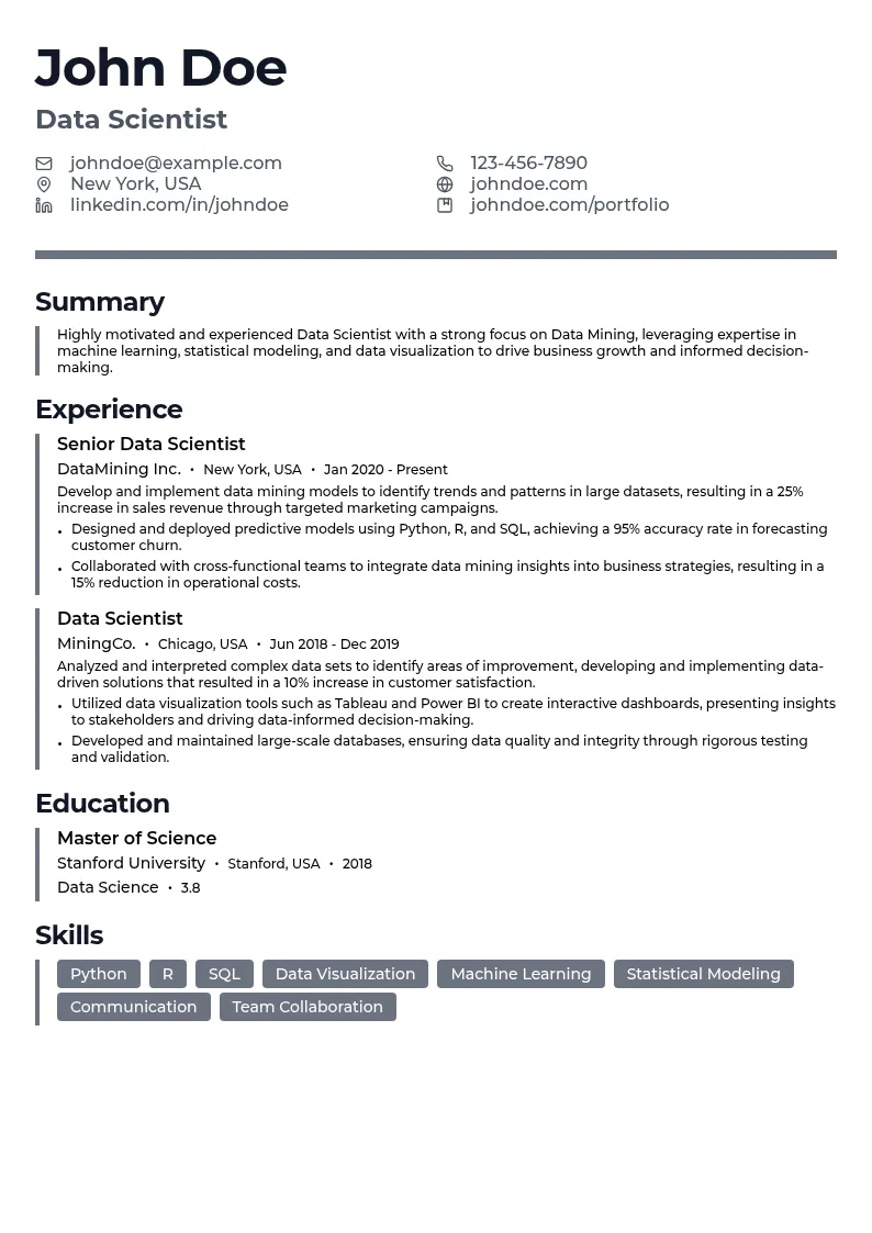 Data Scientist (Data Mining Focus) resume example
