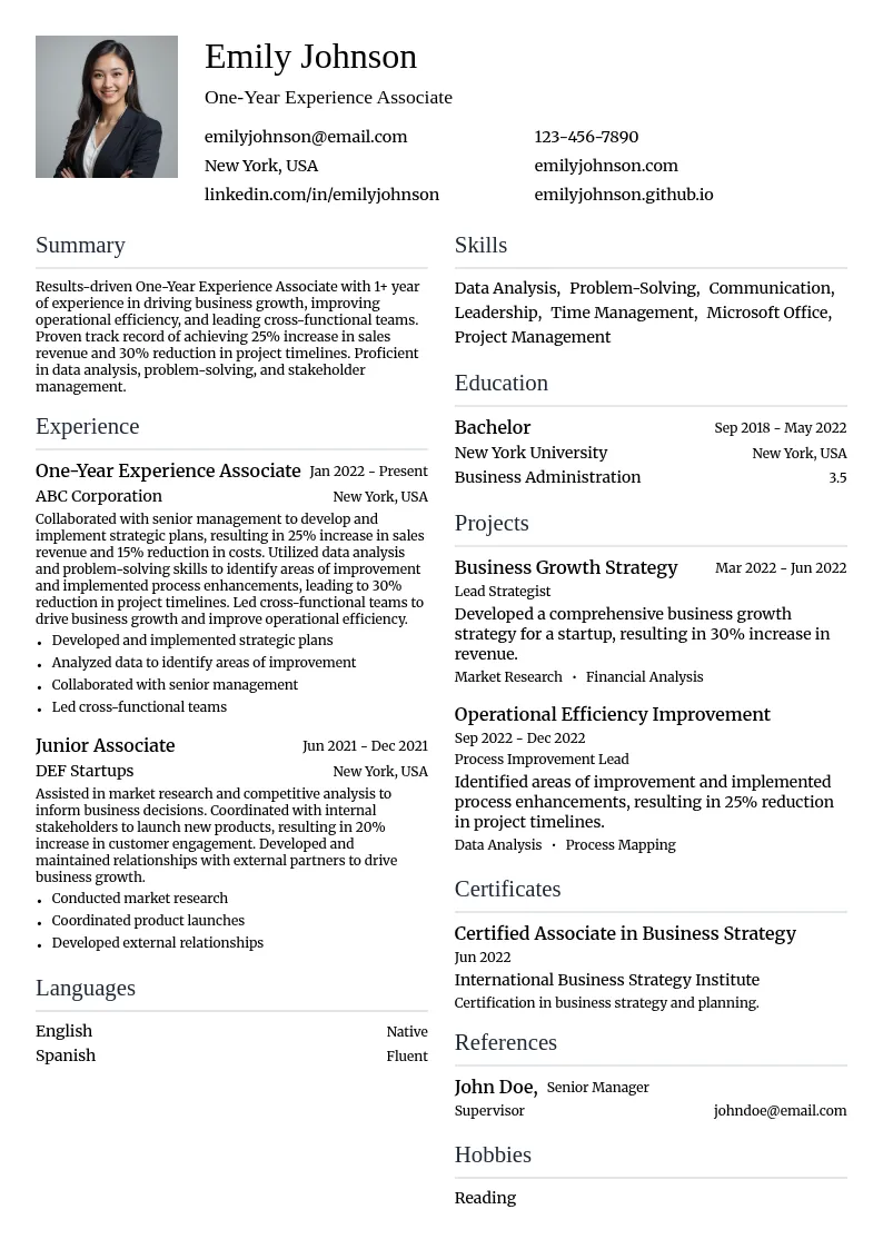 One-Year Experience Associate resume example