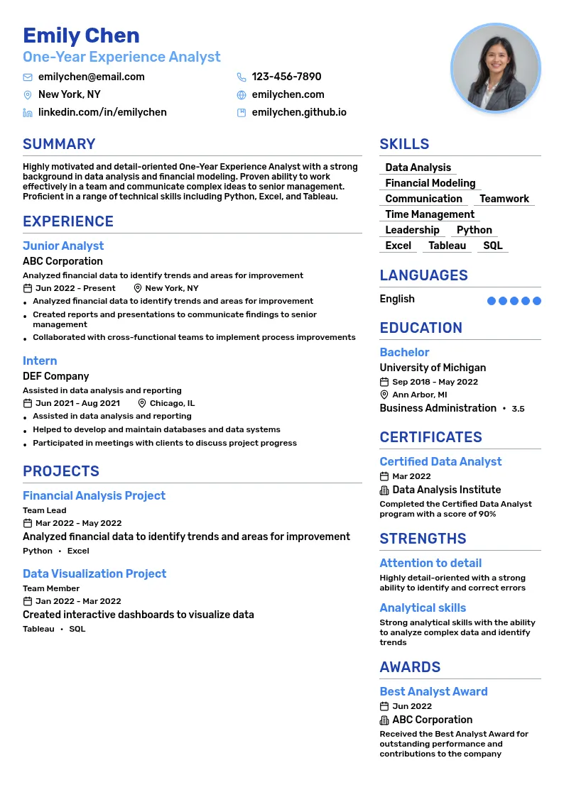 One-Year Experience Analyst resume example