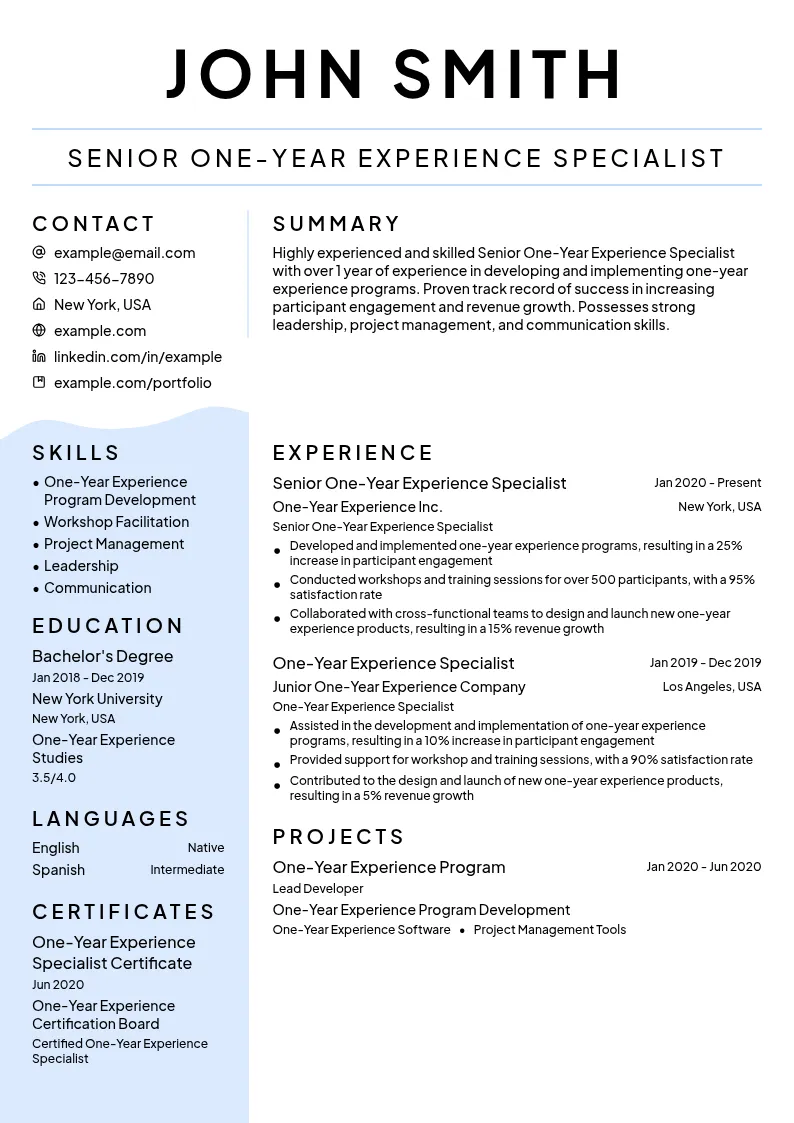 Senior One-Year Experience Specialist resume example