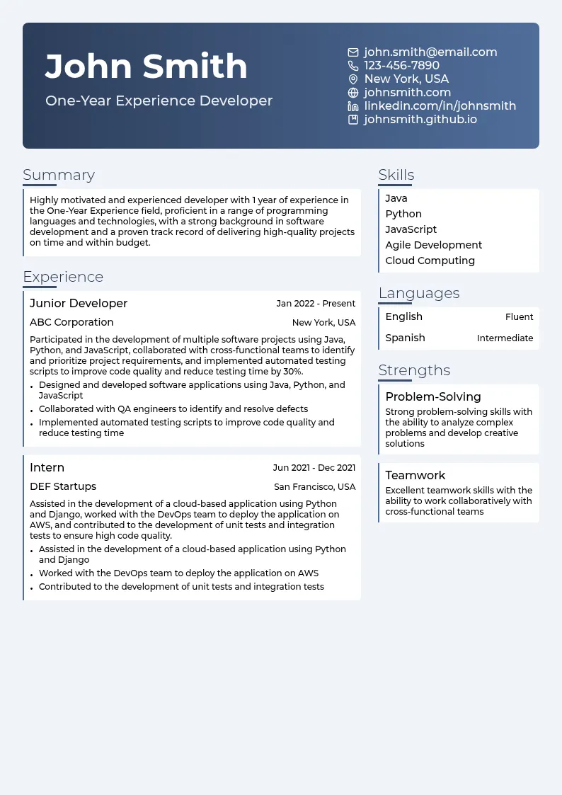 One-Year Experience Developer resume example