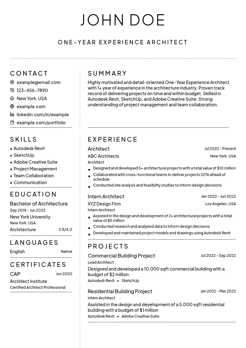 One-Year Experience Architect resume example