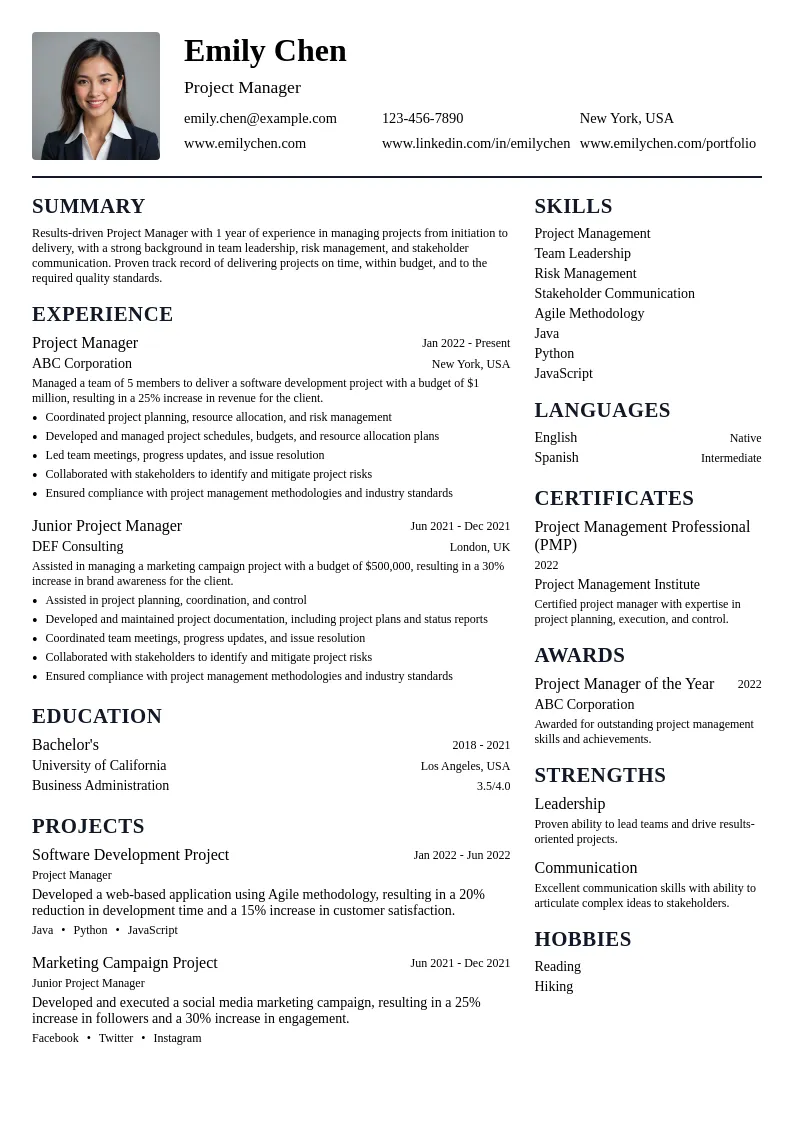 One-Year Experience Project Manager resume example