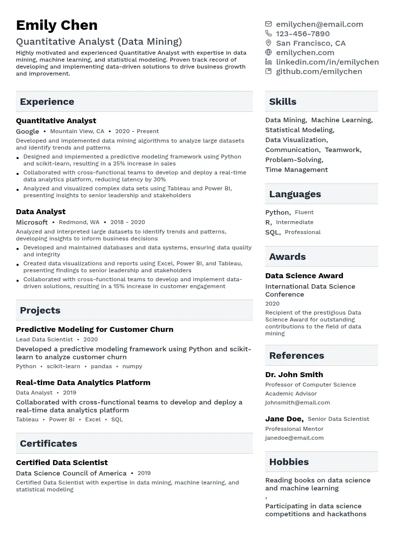 Quantitative Analyst (Data Mining) resume example