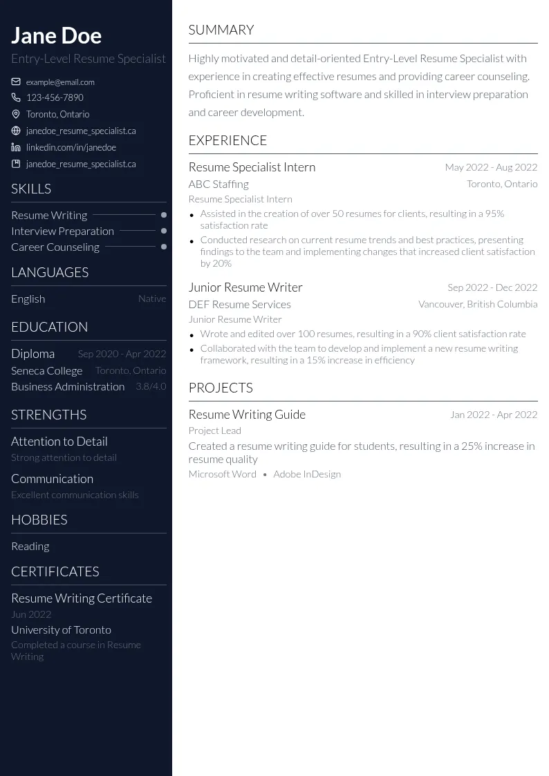 Entry-Level Resume Specialist resume example