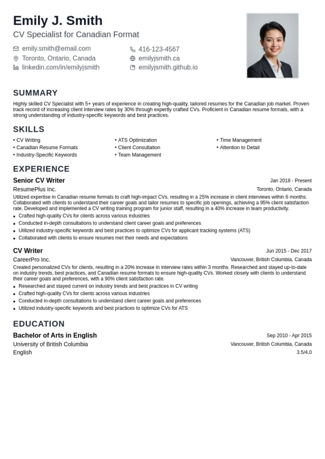 CV Specialist for Canadian Format resume example