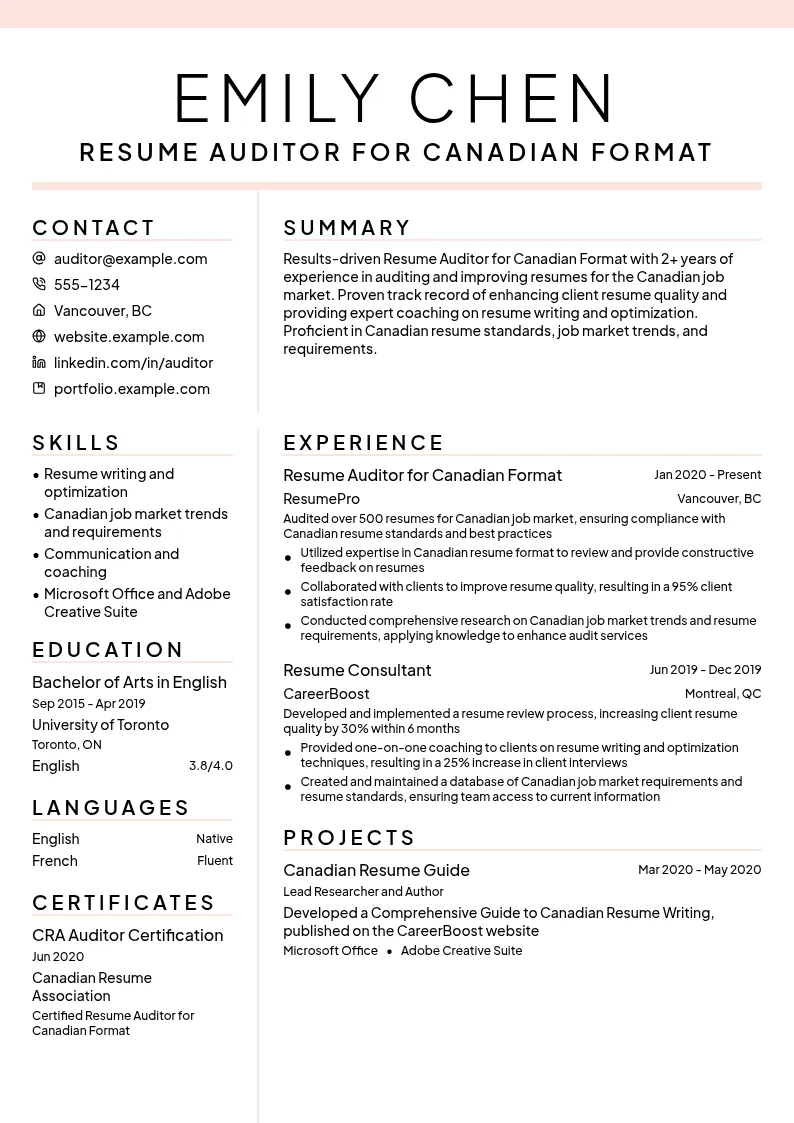 Resume Auditor for Canadian Format resume example