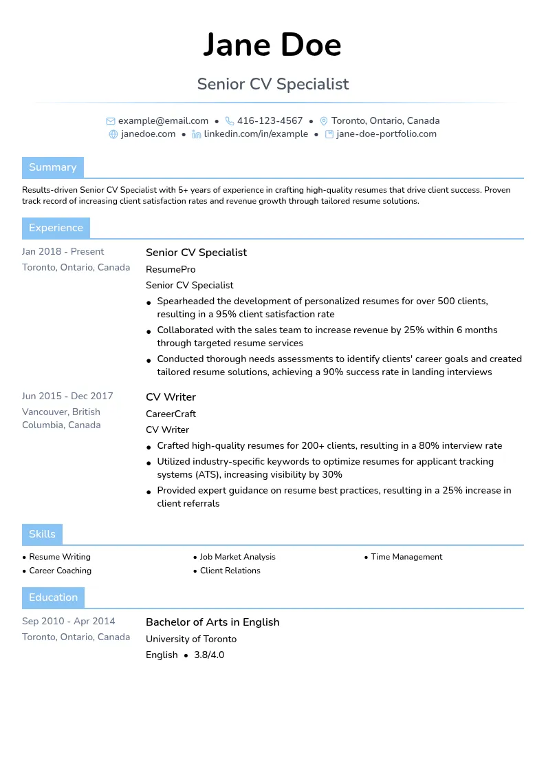 Senior CV Specialist resume example
