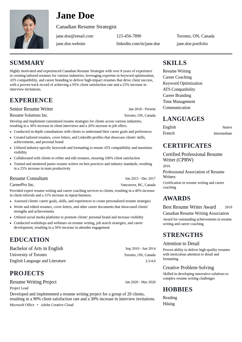 Canadian Resume Strategist resume example