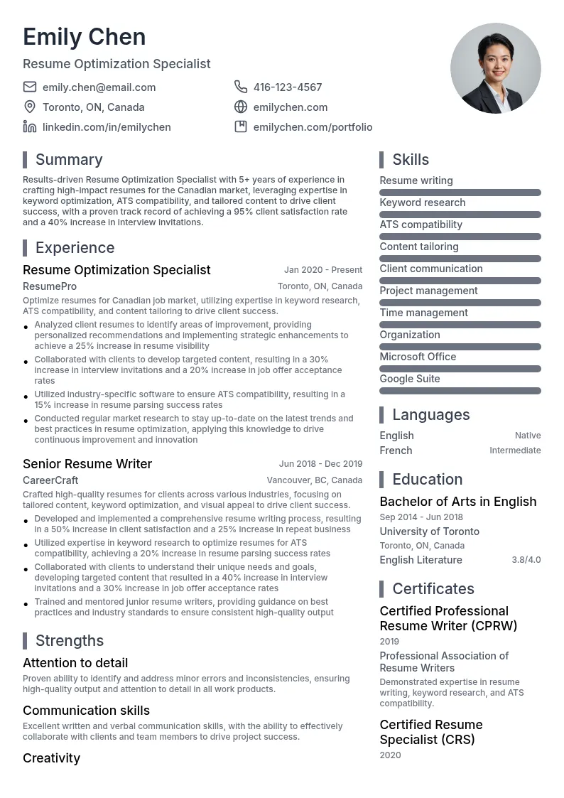 Resume Optimization Specialist for Canadian Market resume example