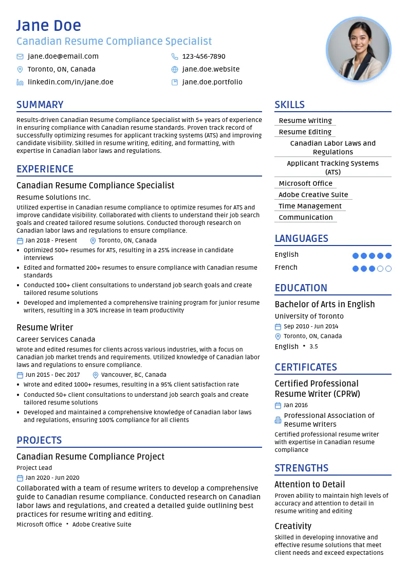 Canadian Resume Compliance Specialist resume example