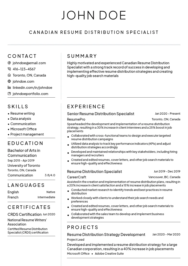 Canadian Resume Distribution Specialist resume example