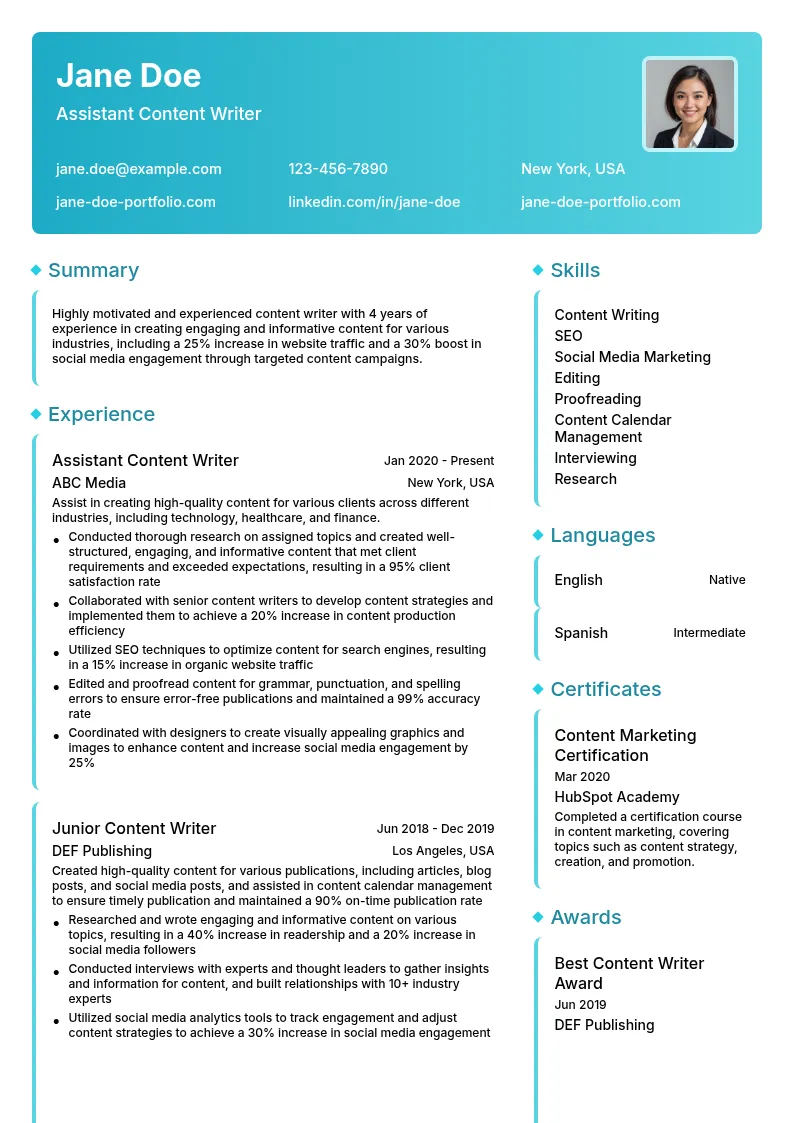 Assistant Content Writer resume example