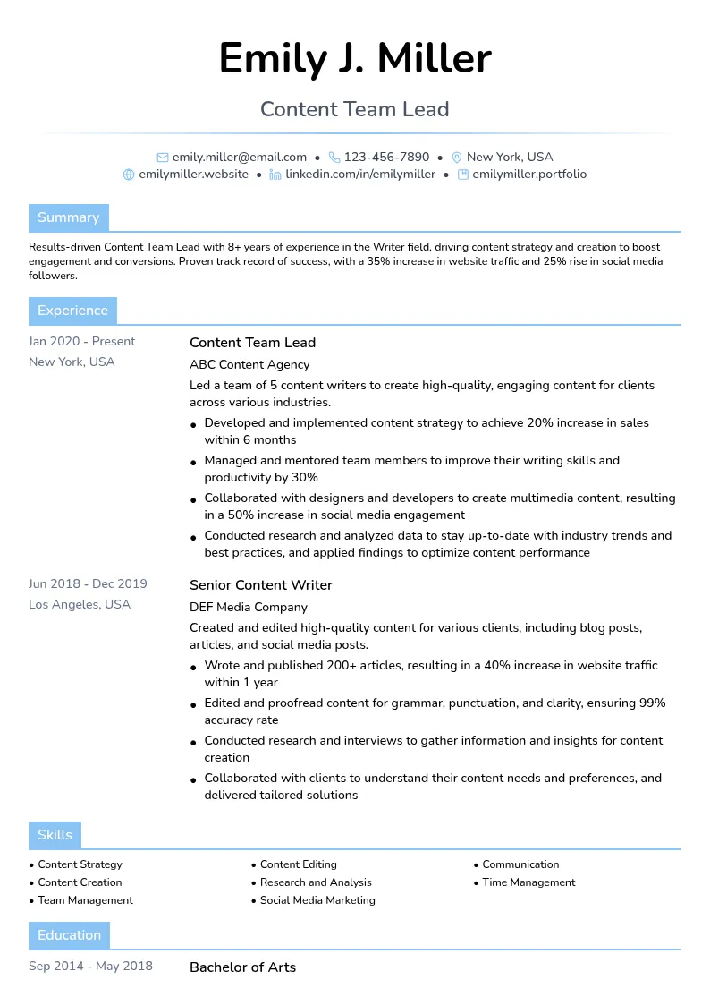Content Team Lead resume example