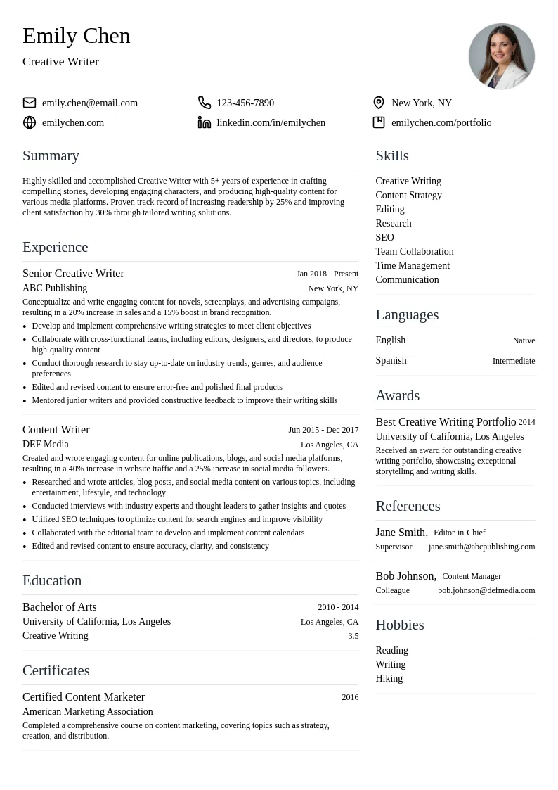 Creative Writer resume example