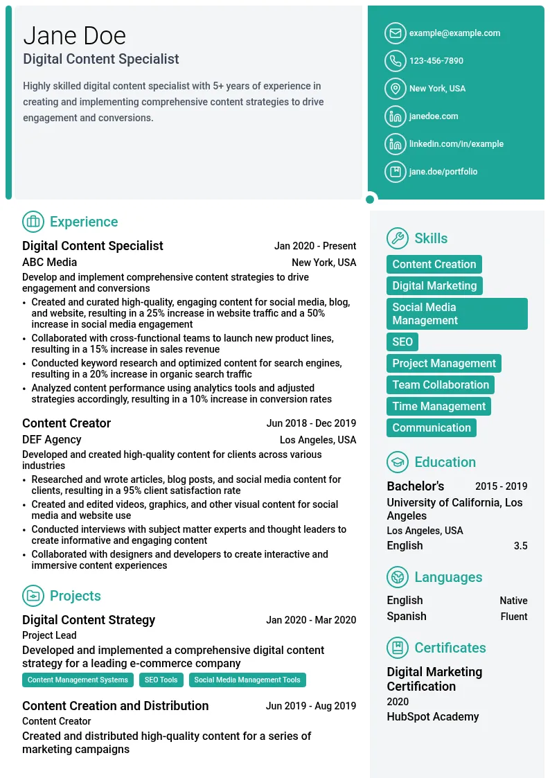 Digital Content Specialist resume example