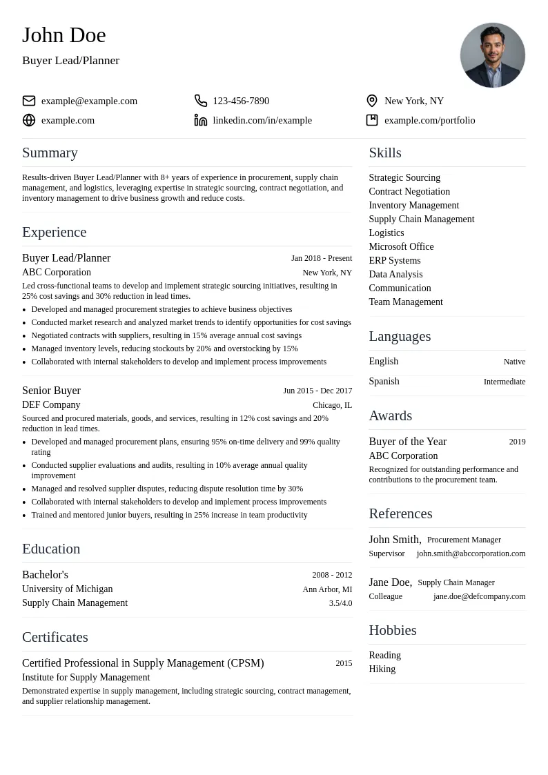 Buyer Lead/Planner resume example