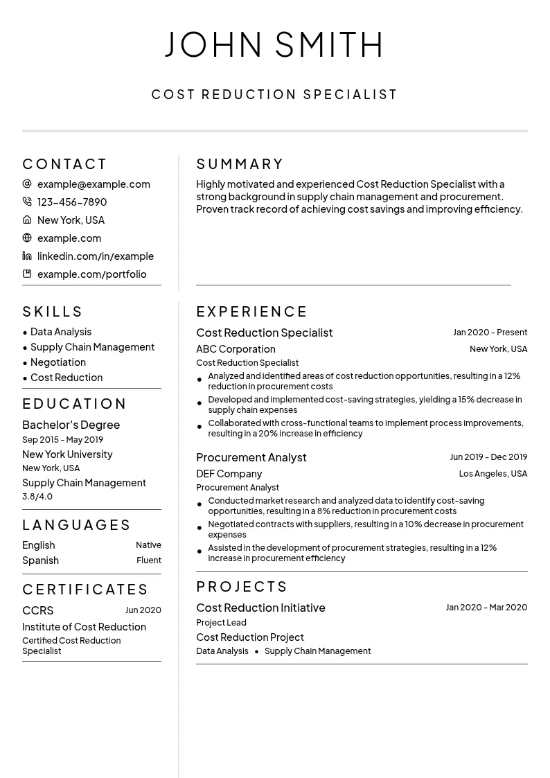Cost Reduction Specialist resume example