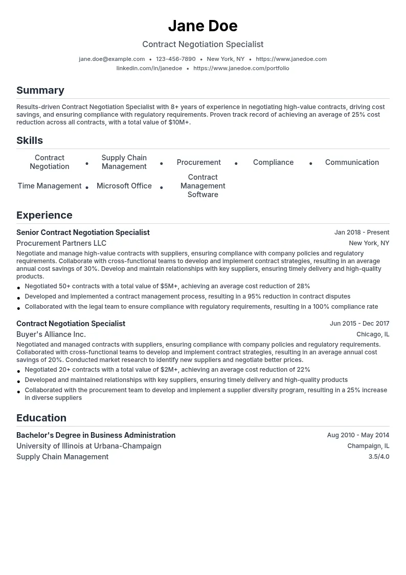 Contract Negotiation Specialist resume example