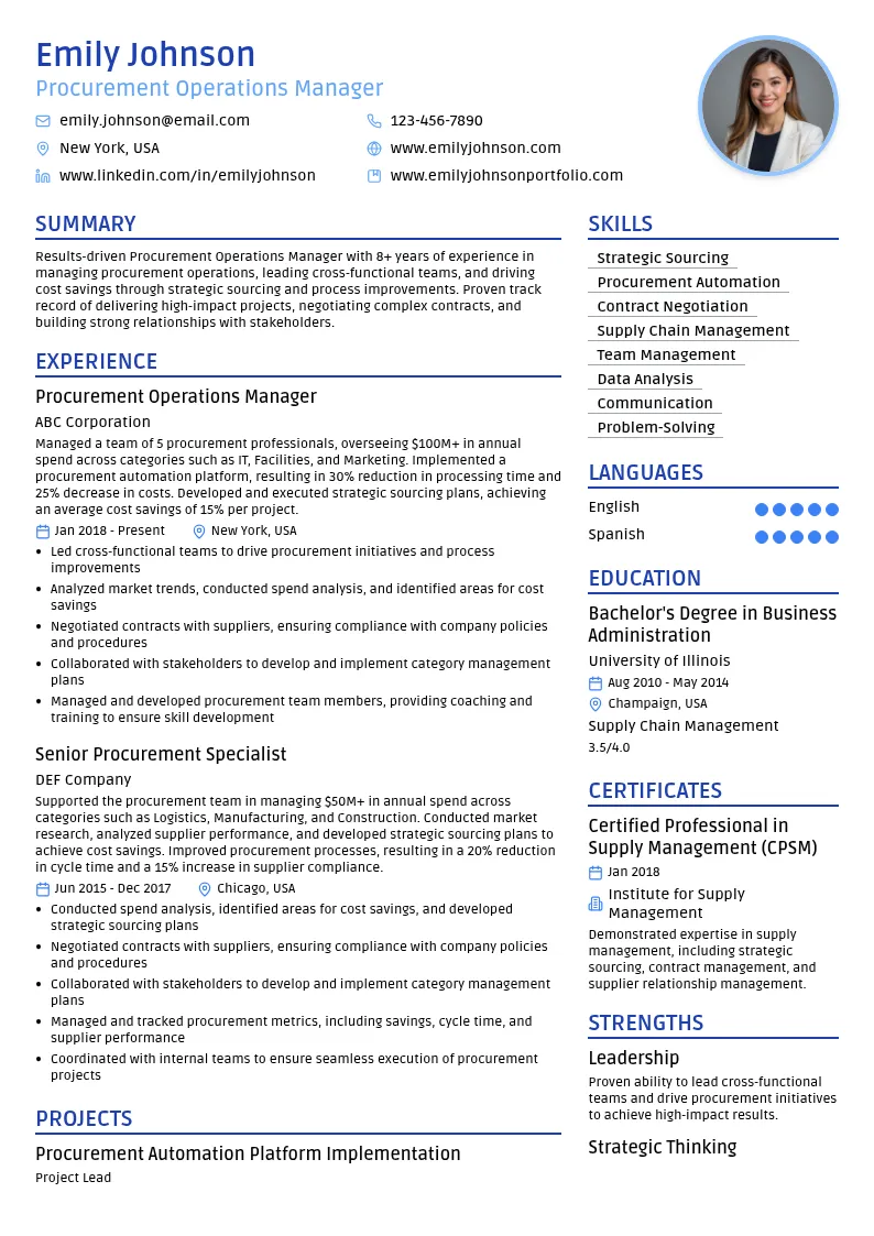 Procurement Operations Manager resume example