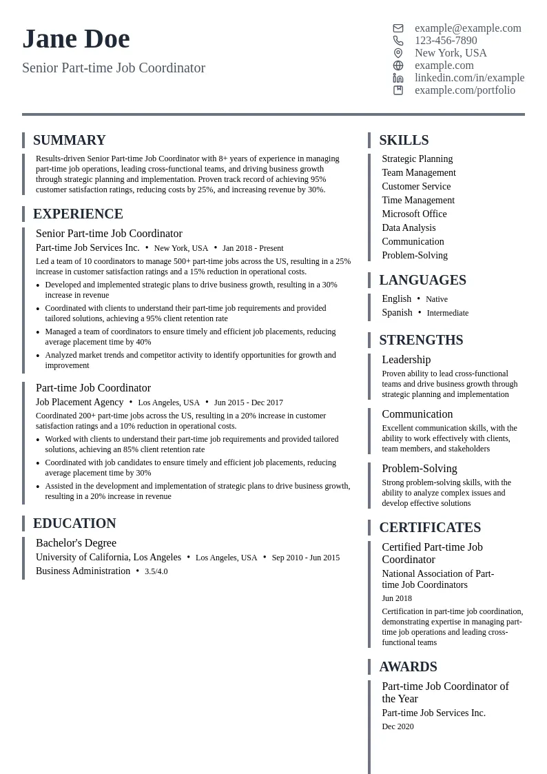 Senior Part-time Job Coordinator resume example