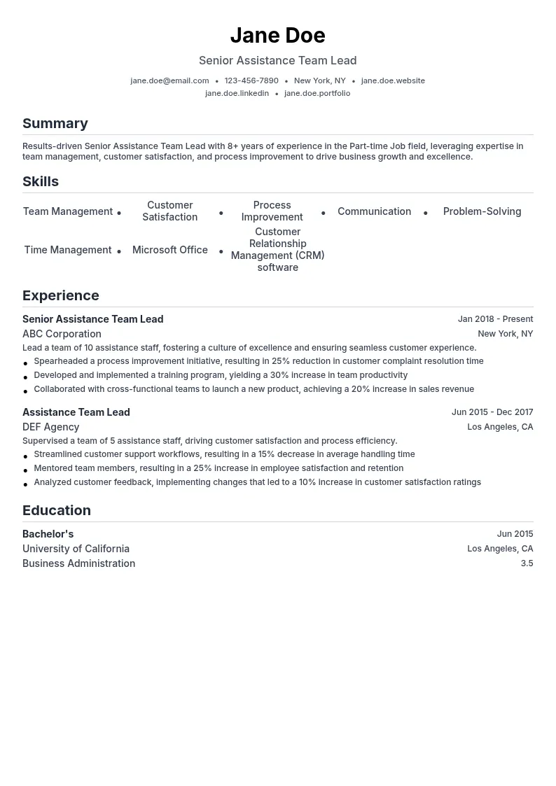 Senior Assistance Team Lead resume example
