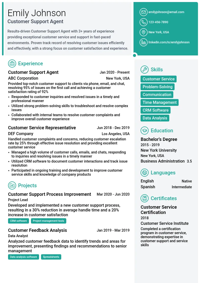 Customer Support Agent resume example