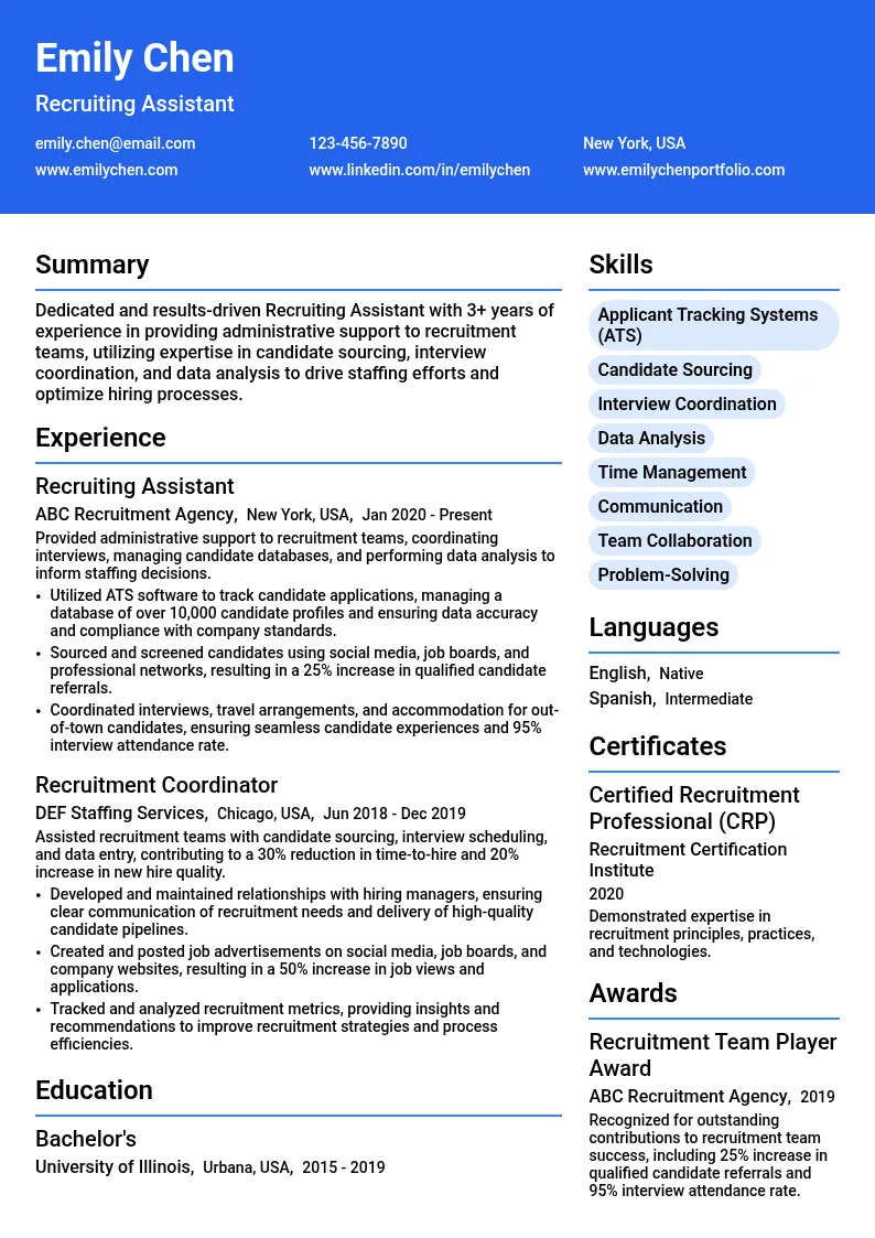 Recruiting Assistant resume example