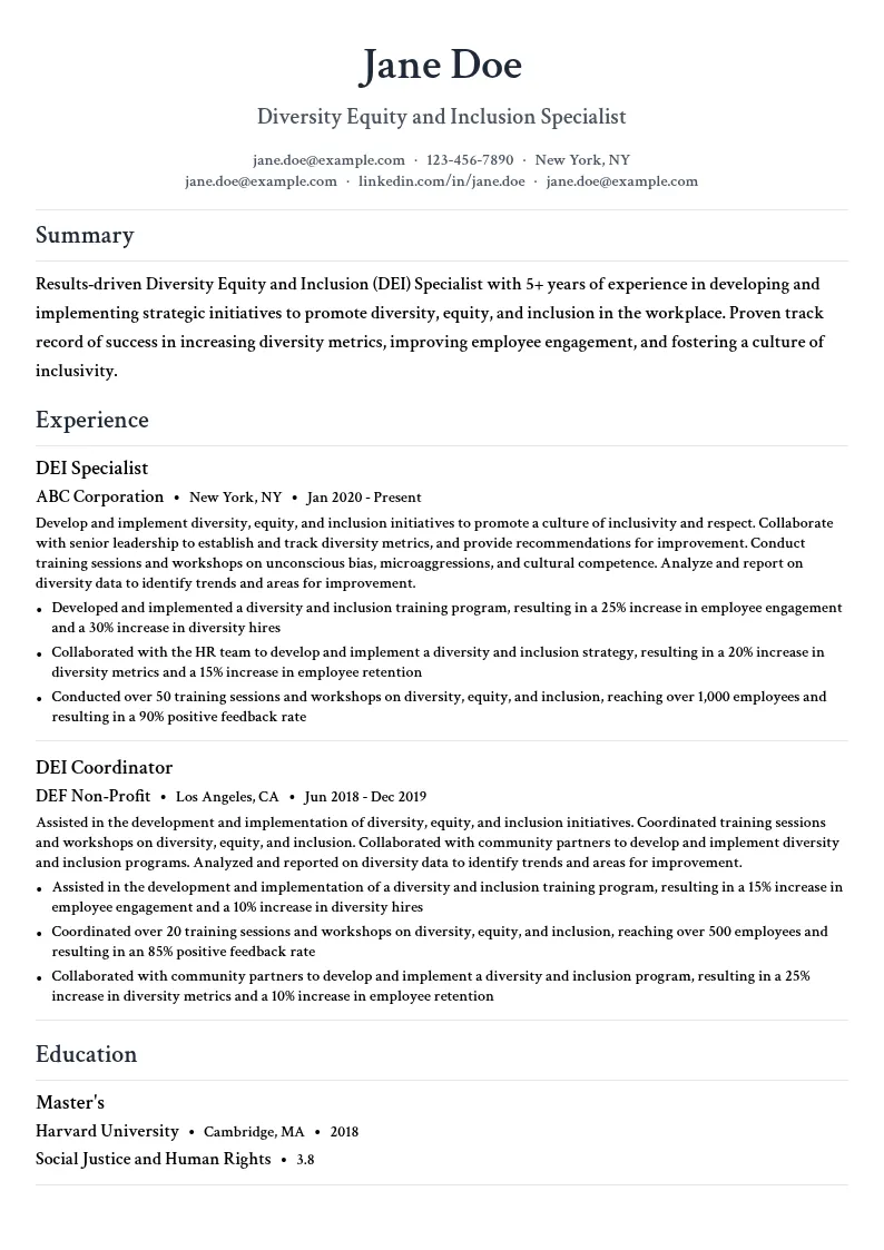 Diversity Equity and Inclusion (DEI) Specialist resume example