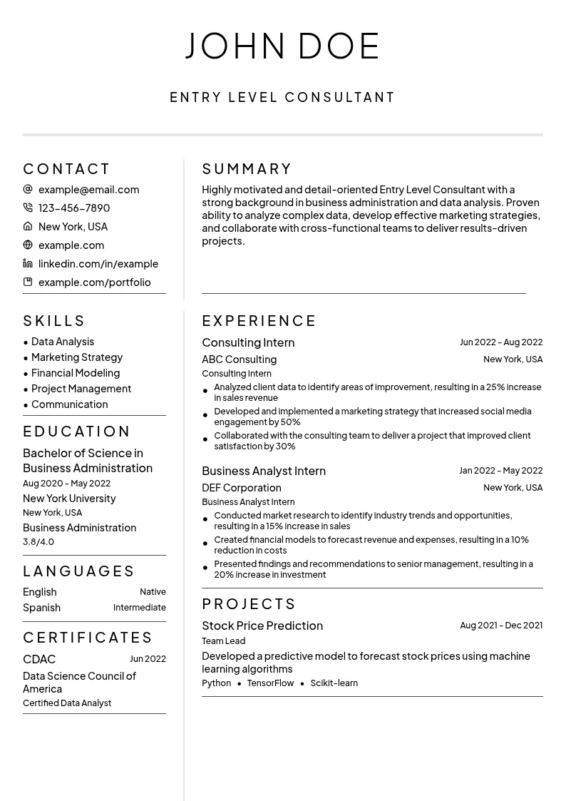 Entry Level Consultant resume example