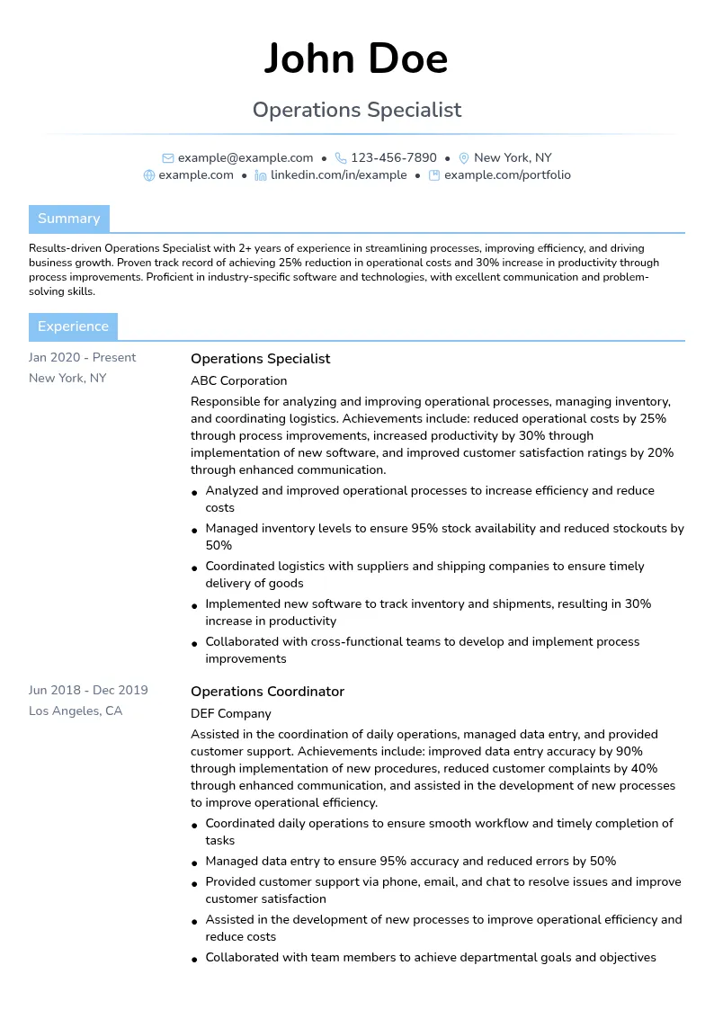 Operations Specialist resume example