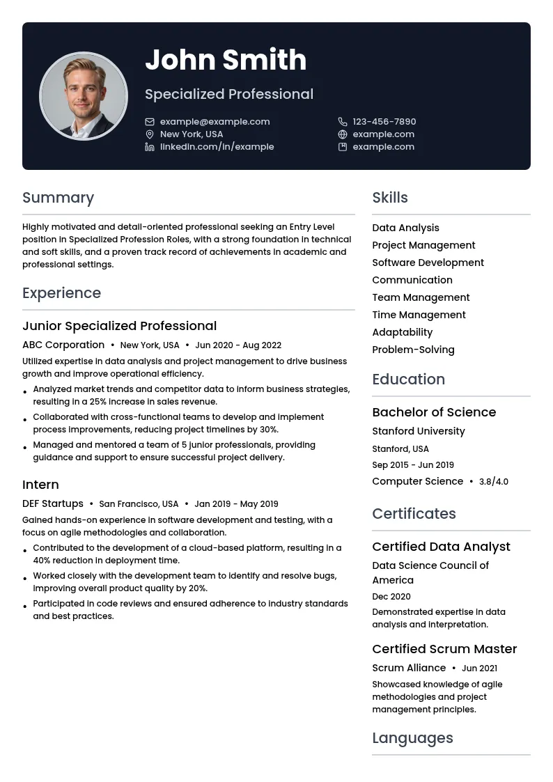 Specialized <Profession> Roles:  resume example