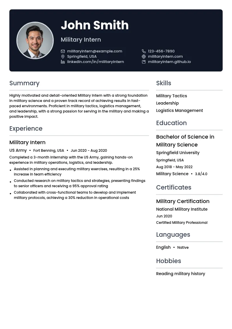 Military Intern resume example