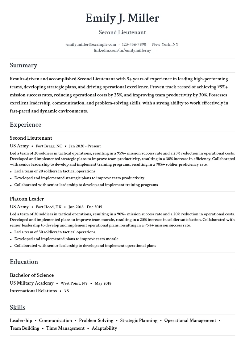 Second Lieutenant resume example