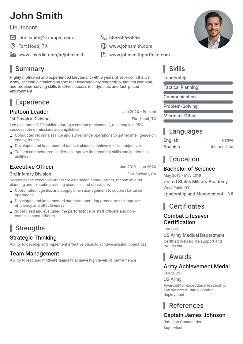 Lieutenant resume example