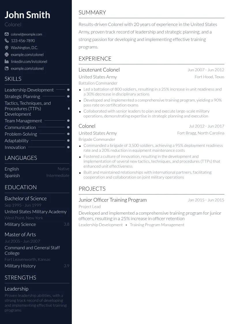 Colonel resume example