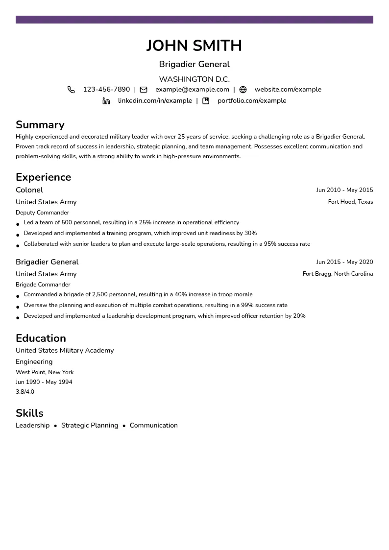 Brigadier General resume example
