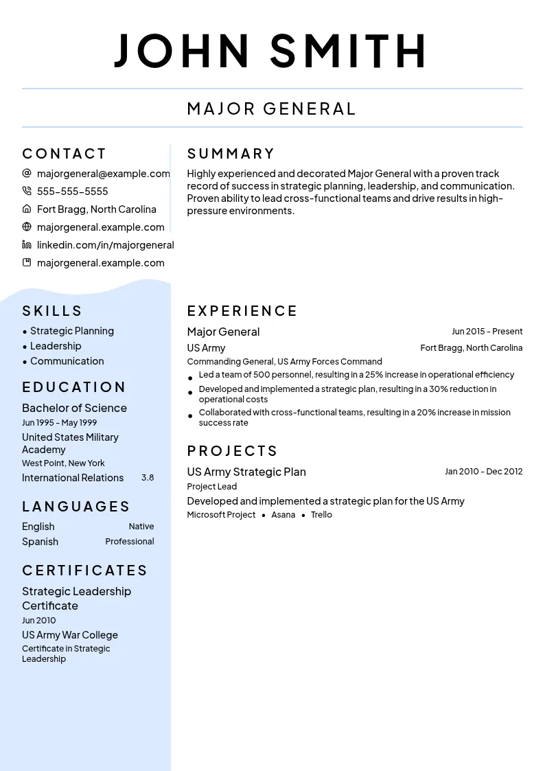 Major General resume example