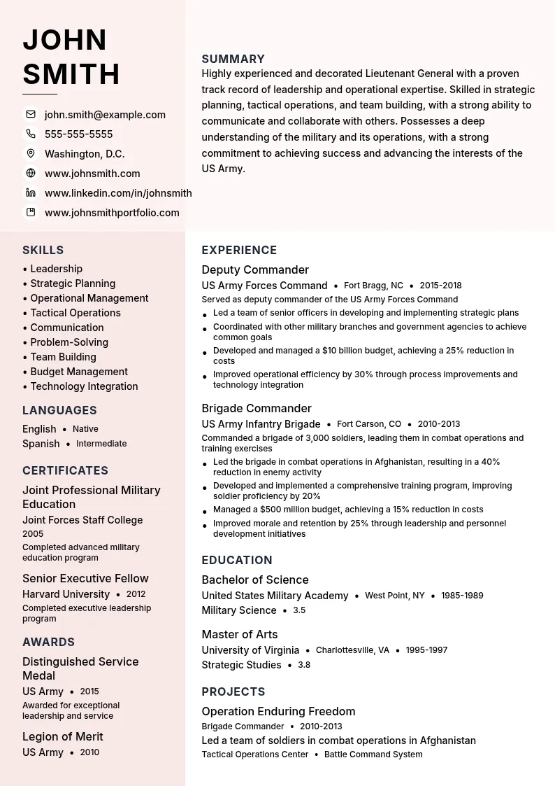 Lieutenant General resume example