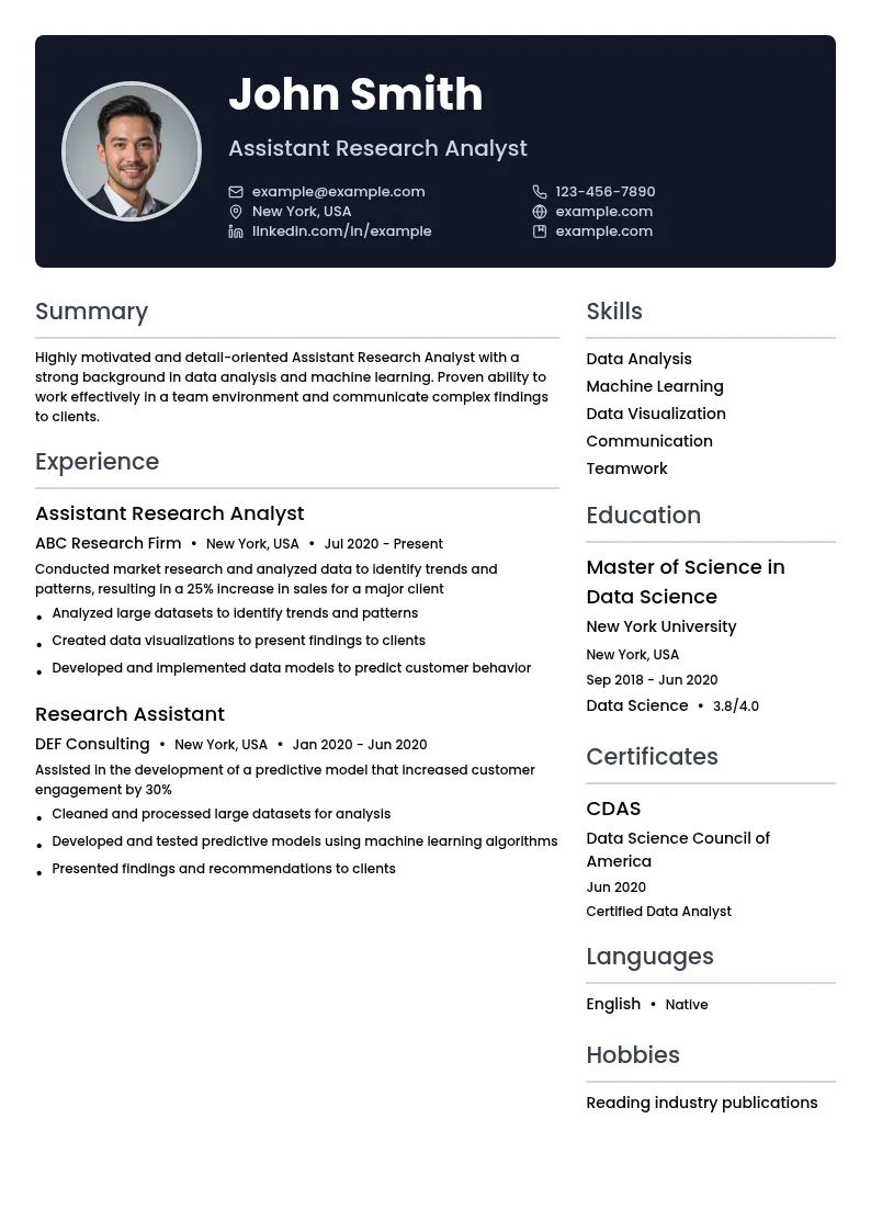 Assistant Research Analyst resume example