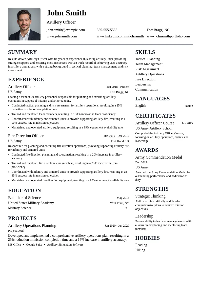 Artillery Officer resume example