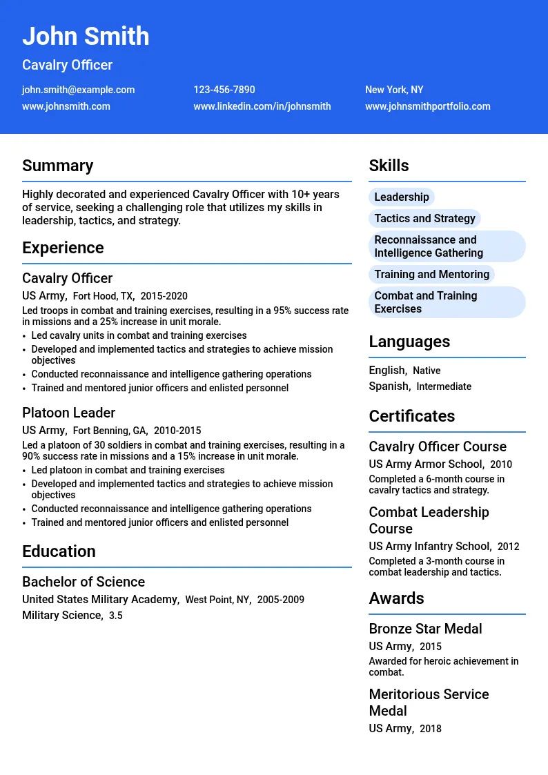 Cavalry Officer resume example