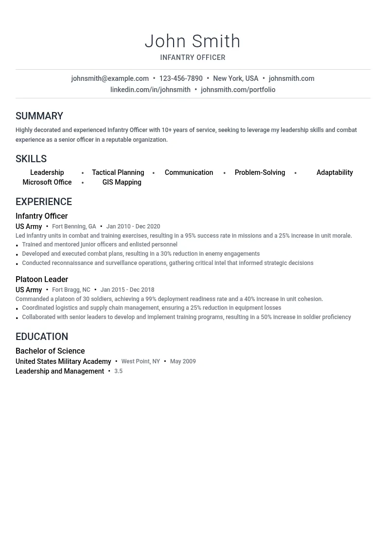 Infantry Officer resume example
