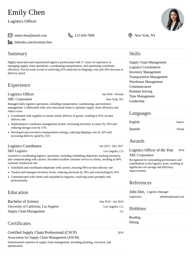 Logistics Officer resume example