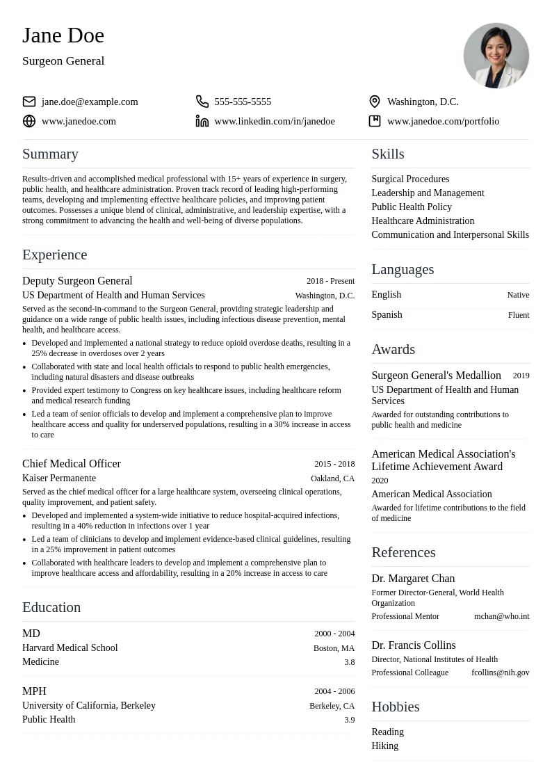 Surgeon General resume example